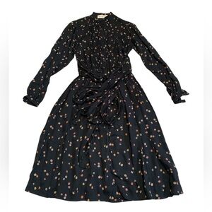 Vintage 70s Nipon Boutique Black Floral Print Midi Dress Tie Waist Size M